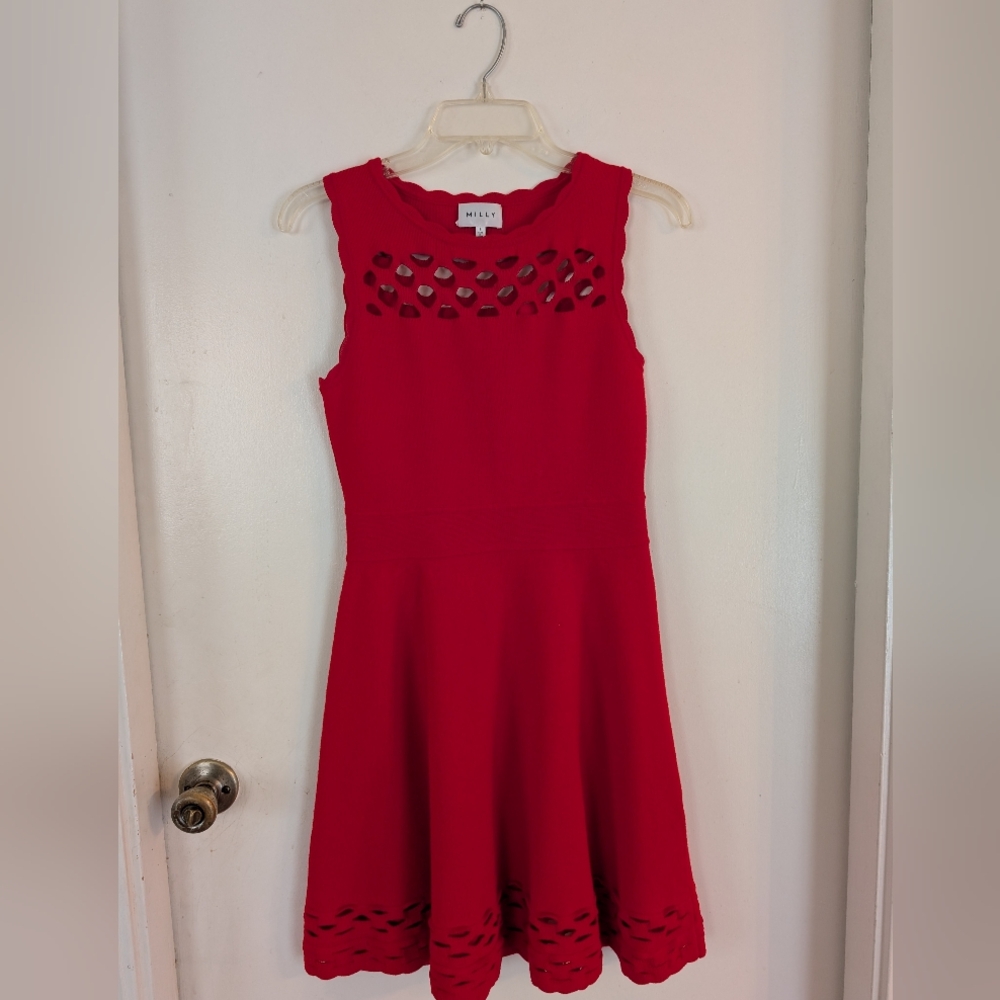 Milly Red Scallop Trim Cut Outs Sleeveless Knit Fit And Flare Dress S